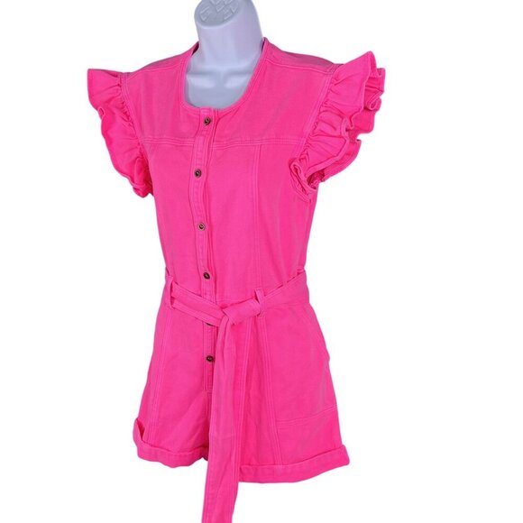 Day + Moon NWT Womens S Barbiecore Pink Denim Romper Ruffle Sleeve Beachy Girly - Picture 4 of 16